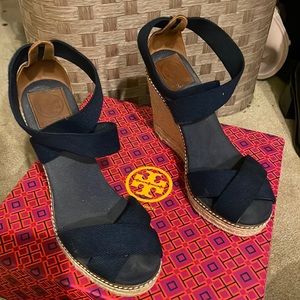 Tory Burch navy blue espadrille wedge sandal